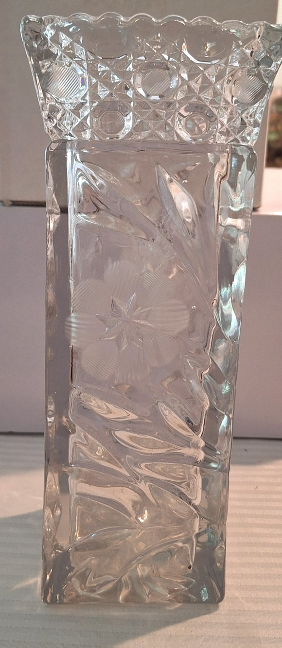Antique McKee Glass Innovation #410 Square 10" Vase Pressed & Cut Floral Glass